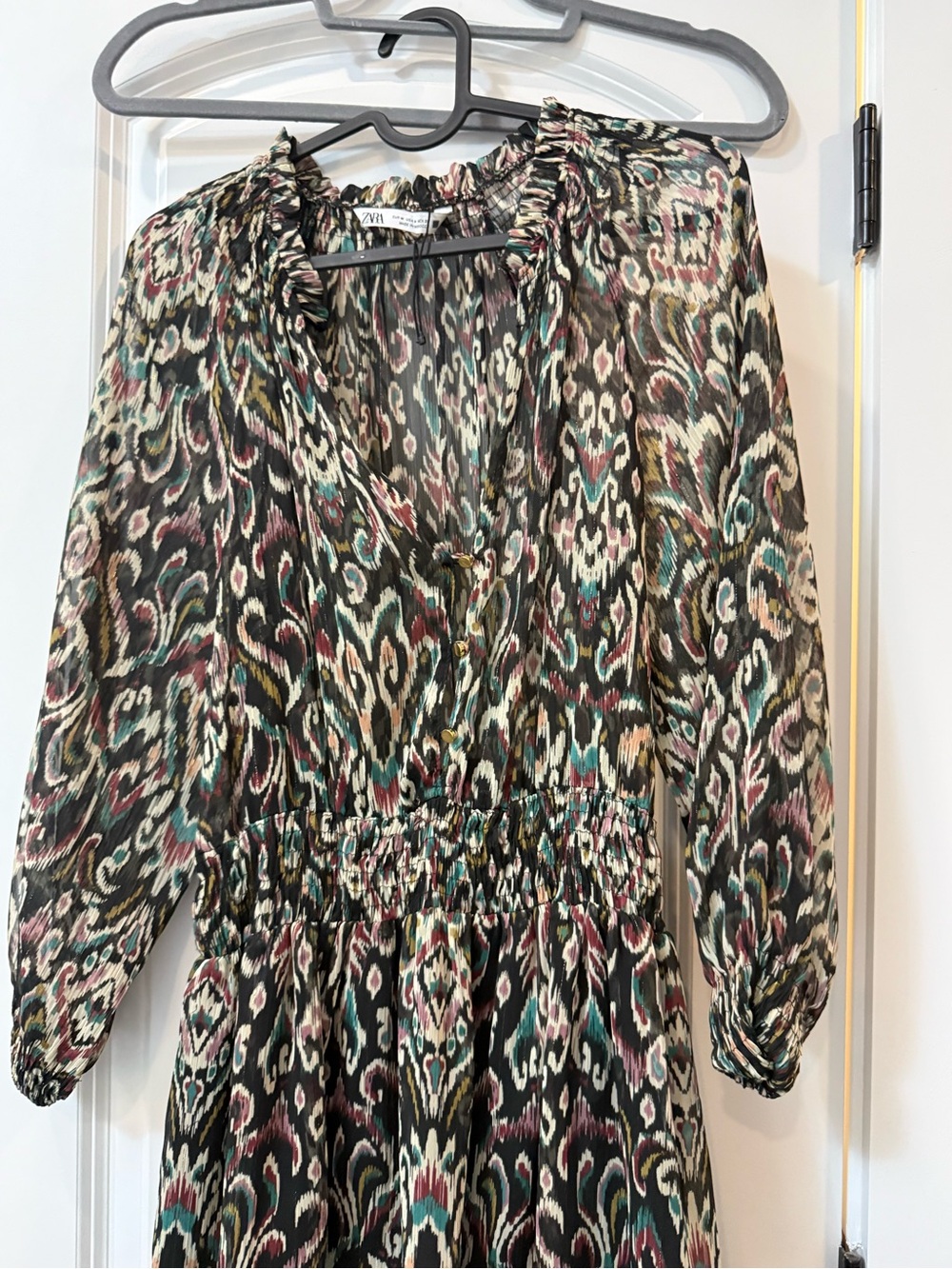 Zara Multicolor Printed Long-Sleeve Elastic-Waist Dress